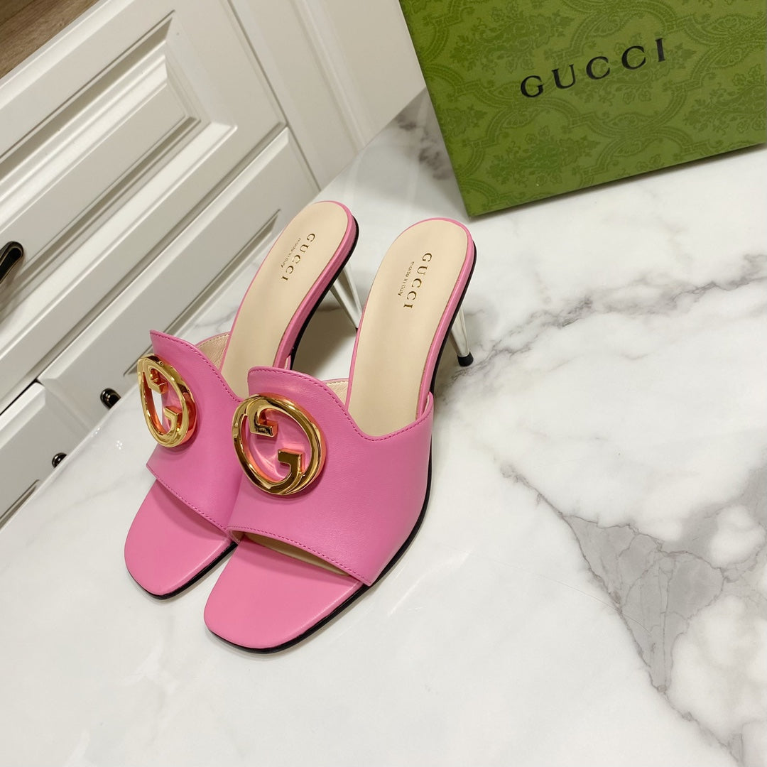 GG WEDGE SLIDES 110 IN BLUE FABRIC WITH GOLD HARDWARE - 34