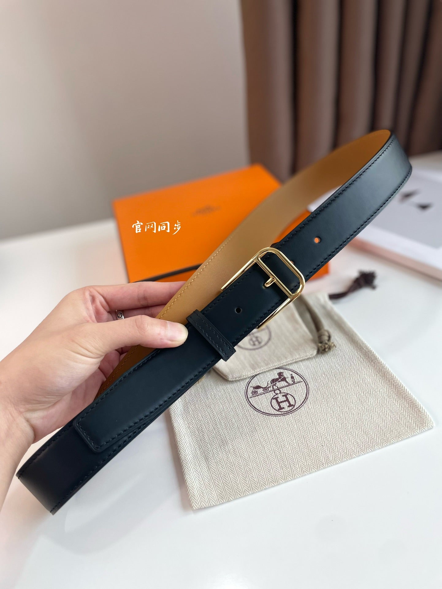 HM ROMAIN 35MM BELT BLACK LEATHER GOLD HARDWARE - 30