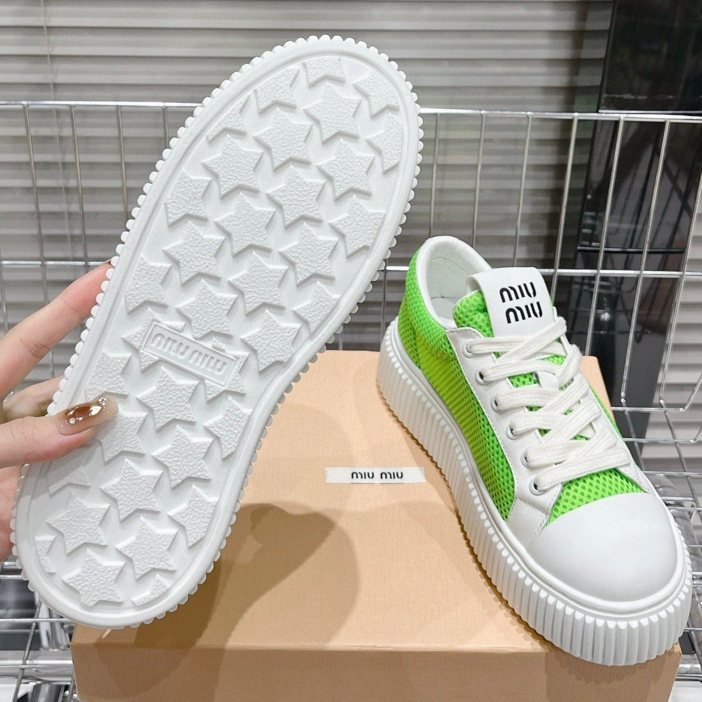 SNEAKERS THICK-SOLED SHAMROCK COLOR MESH COWHIDE - 35