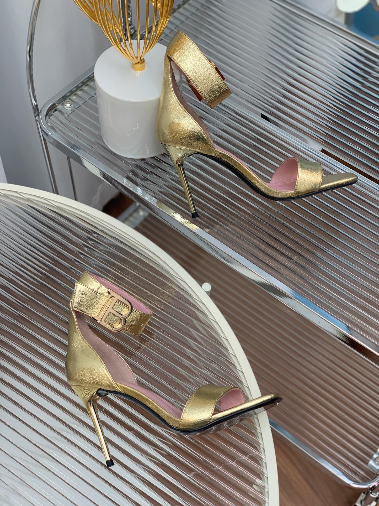 BALMAIN 25S B STRAP HIGH HEEL SANDALS 95MM IN GOLD CALFSKIN - 35