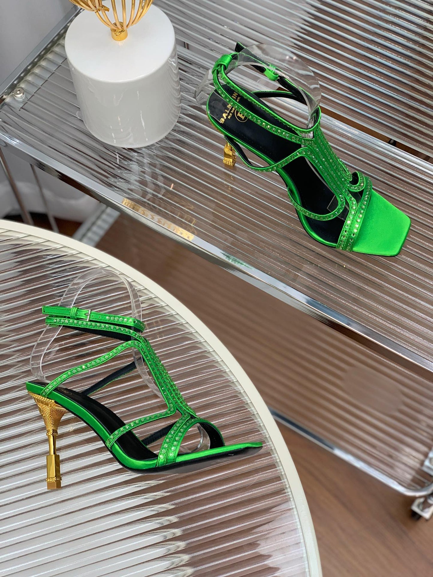 BALMAIN 25S MONETA SANDAL 95MM IN DARK GREEN CALFSKIN WITH CRYSTAL - 35
