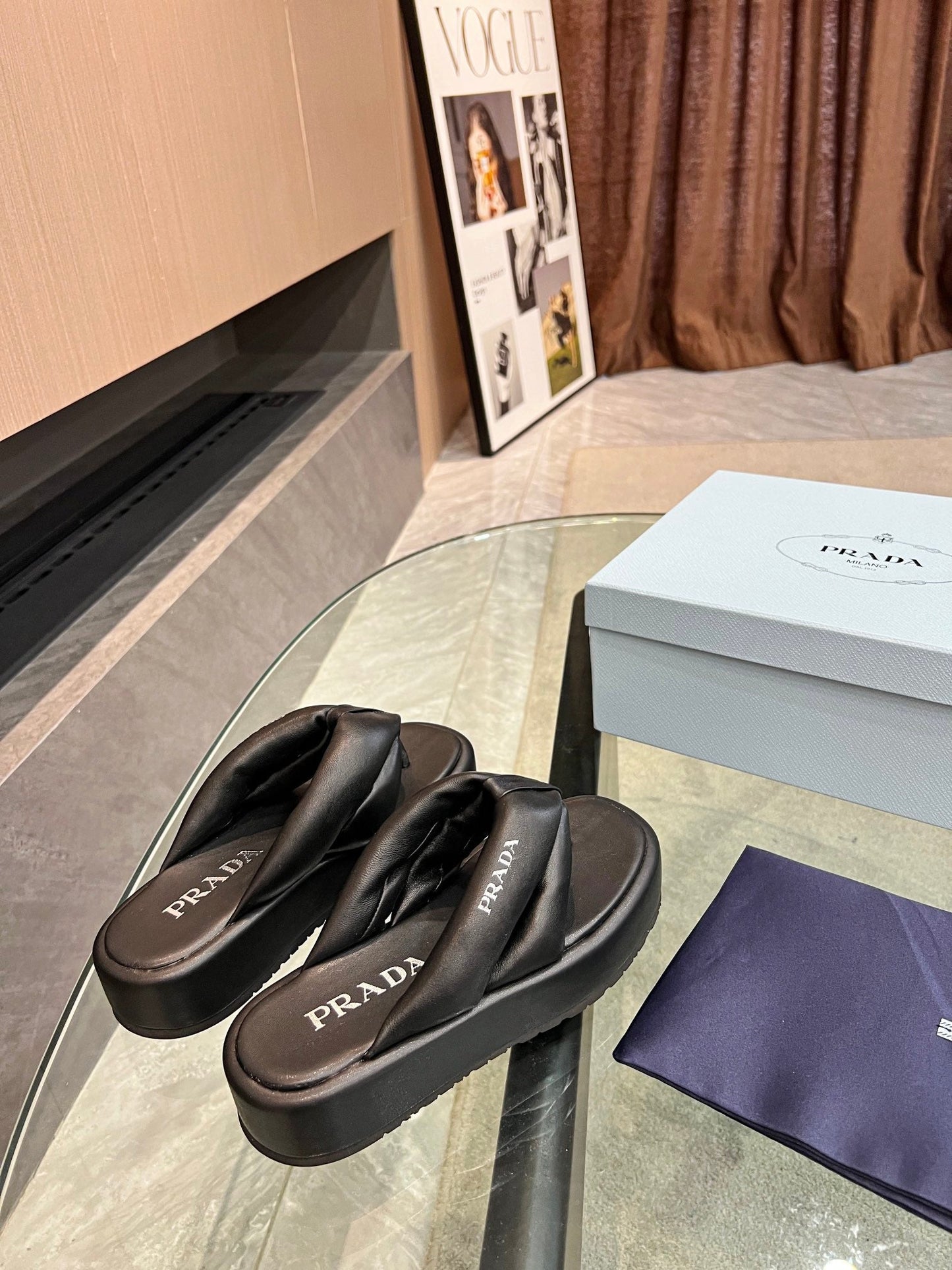PRA THONG FLATFORM SANDALS BLACK LAMBSKIN - 35