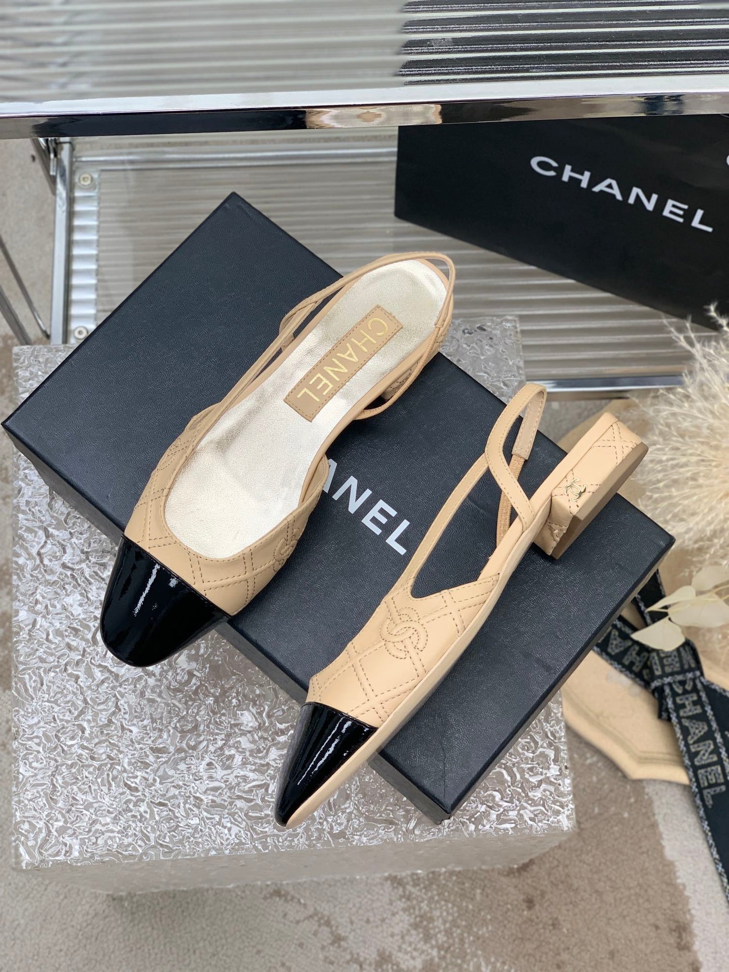 SLINGBACKS 20 BEIGE CREAM MIX BLACK CALFSKIN - 35
