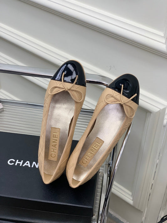 BALLET FLAT GLOSSY BLACK MIX BEIGE LAMBSKIN - 35