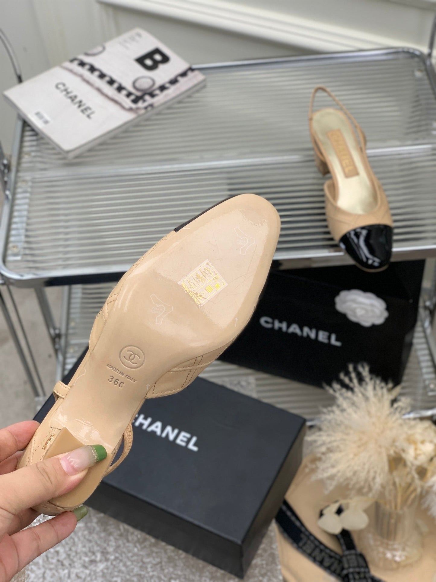 HIGH SLINGBACKS 65 BEIGE CREAM MIX BLACK CALFSKIN - 35