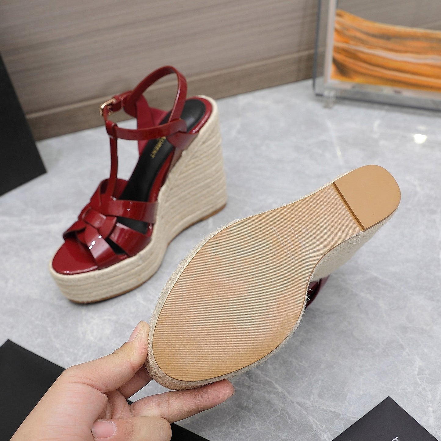 SL TRIBUTE WEDGE SANDALS BERRY POLISHED CALFSKIN - 35