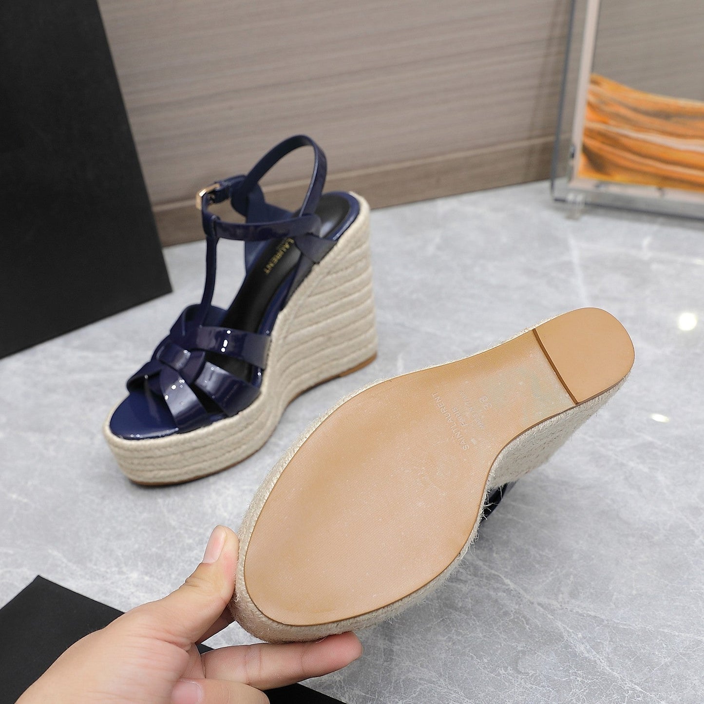 SL TRIBUTE WEDGE SANDALS NAVY POLISHED CALFSKIN - 35