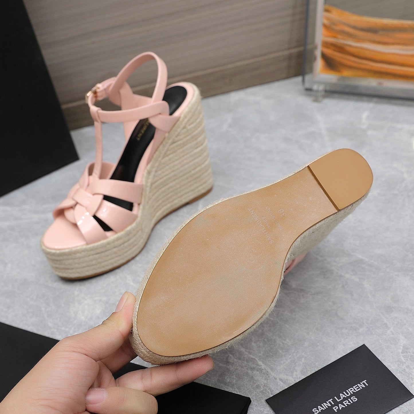 SL TRIBUTE WEDGE SANDALS PASTEL PINK POLISHED CALFSKIN - 35