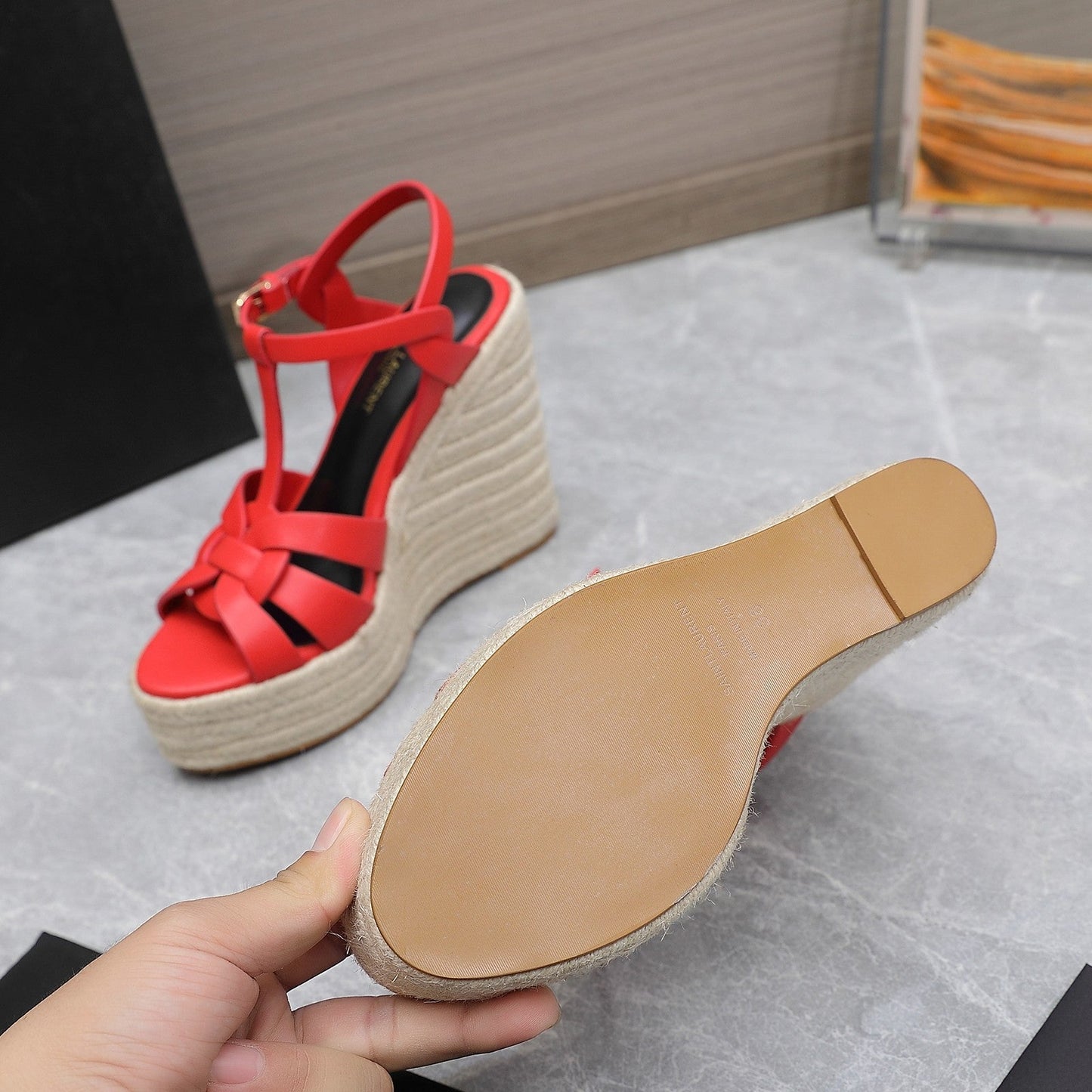 SL TRIBUTE WEDGE SANDALS CRIMSON CALFSKIN - 35