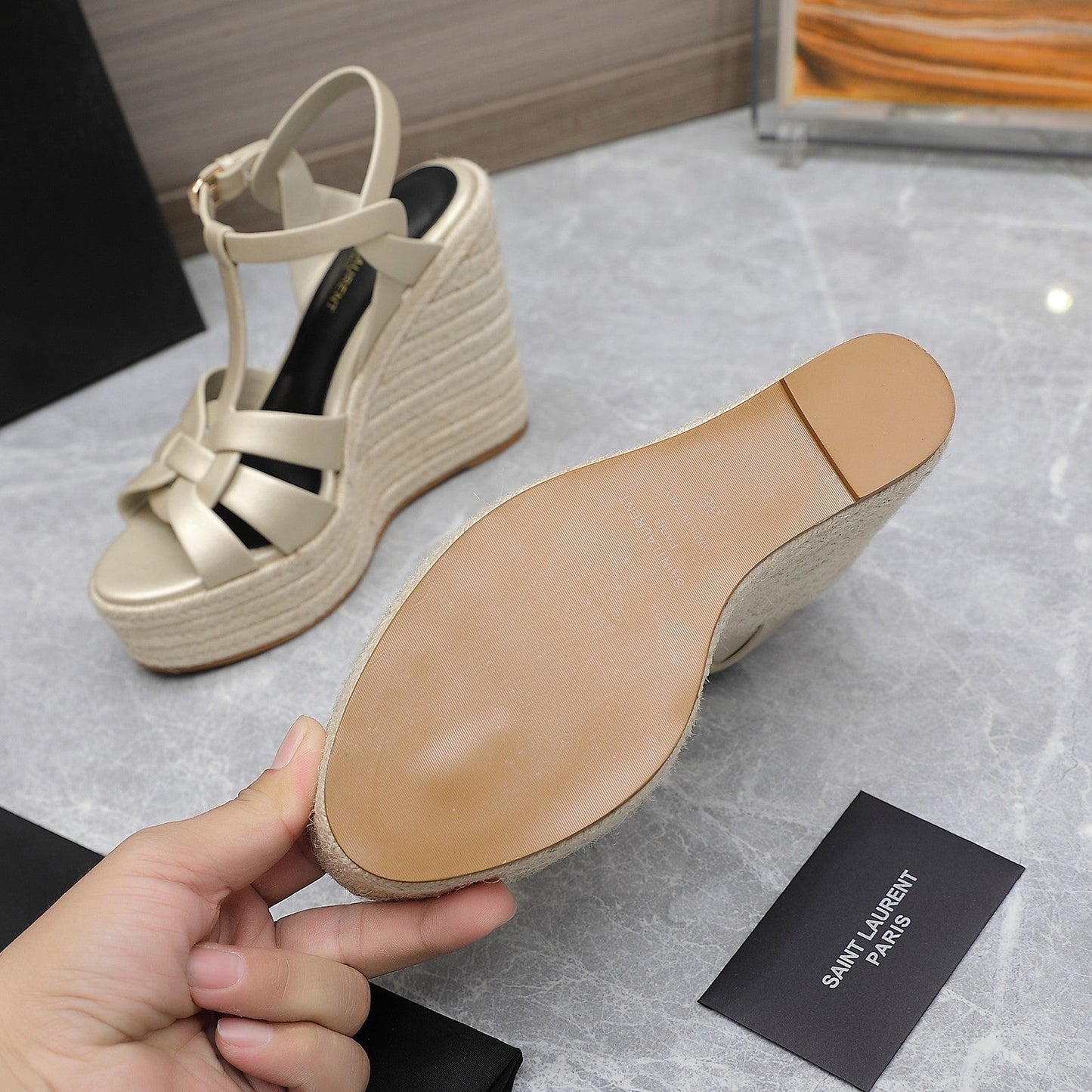 SL TRIBUTE WEDGE SANDALS METALLIC BEIGE CALFSKIN - 35