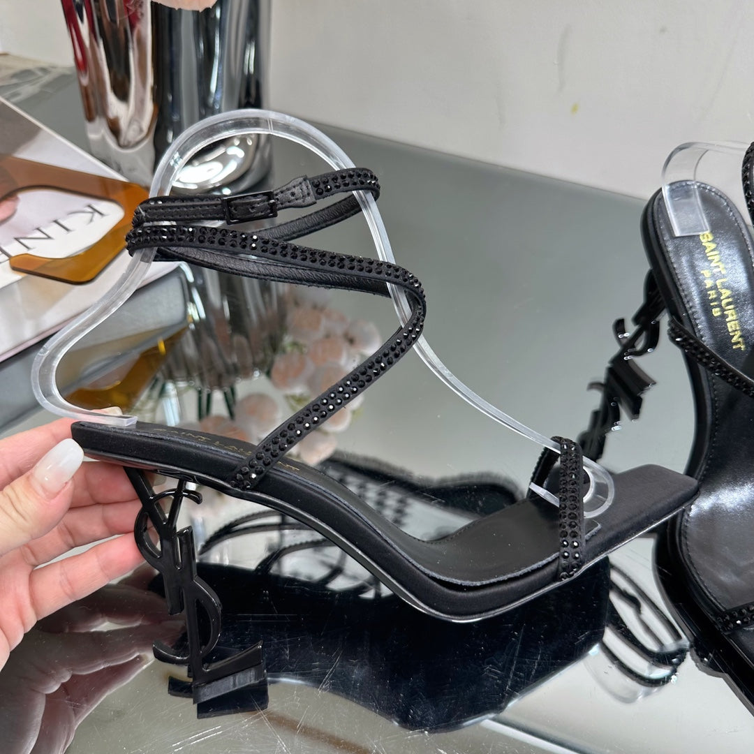 SL OPYUM CRYSTAL HEELED SANDALS BLACK SATIN - 34
