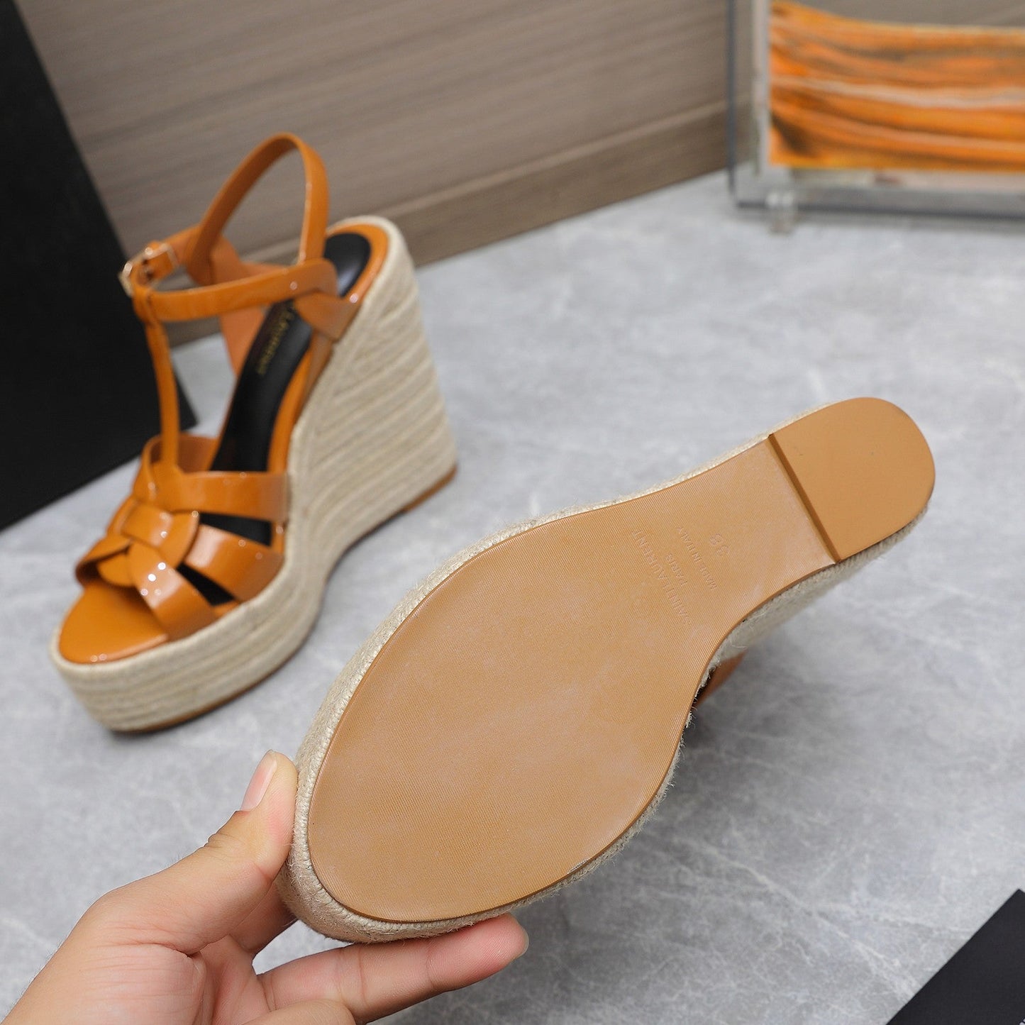 SL TRIBUTE WEDGE SANDALS TANGERINE POLISHED CALFSKIN - 35
