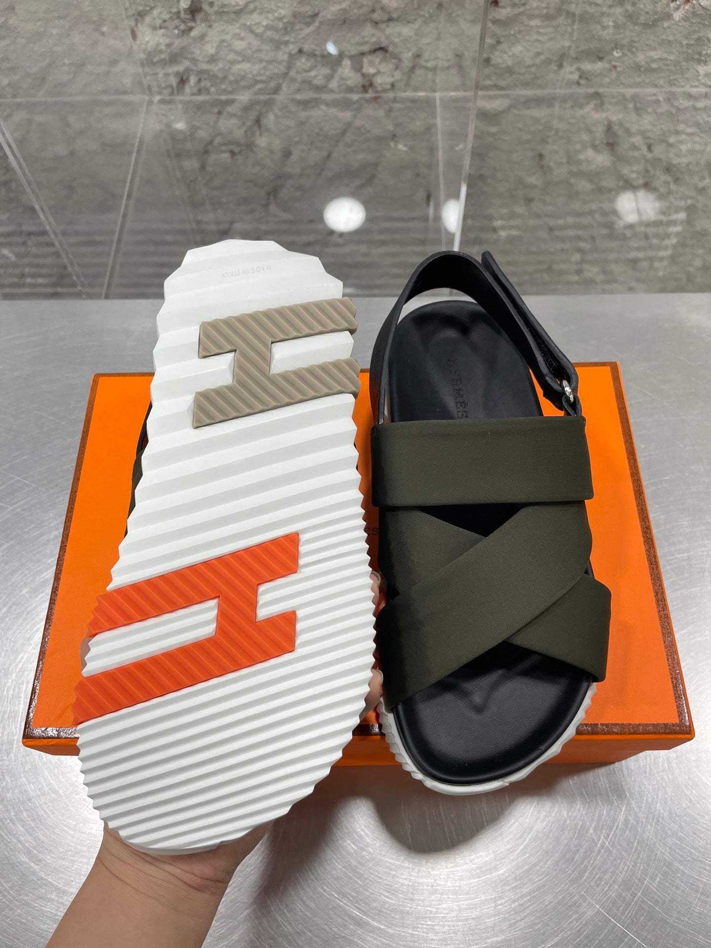 ELECTRIC SANDAL BLACK MIX DARK ARMY CALFSKIN - 35