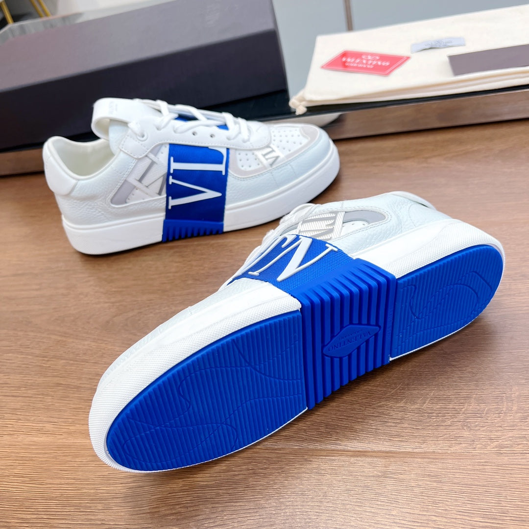 VL7N LOW-TOP WHITE CALFSKIN AND COBALT BLUE FABRIC SNEAKER WITH BANDS - 35