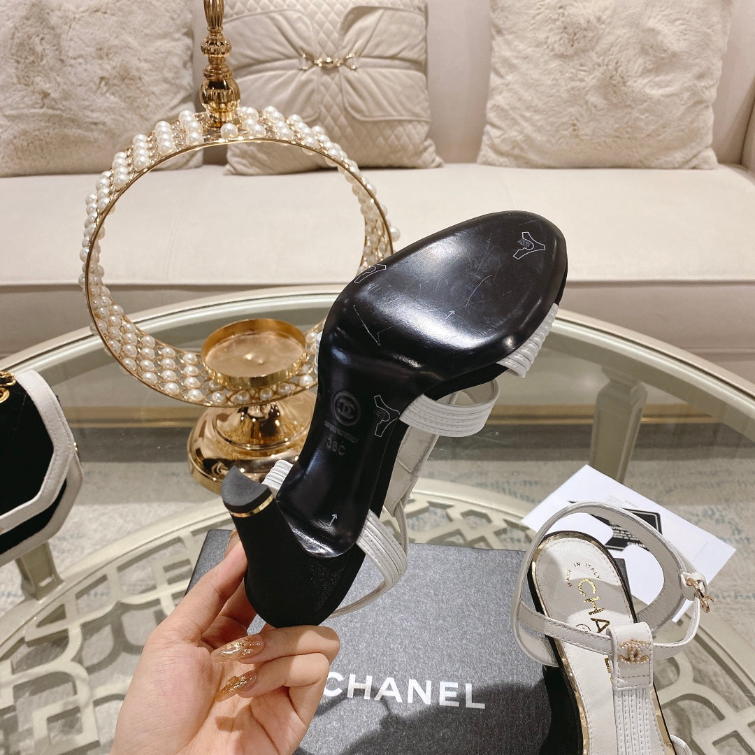 Double C Heeled Sandals White Black Lambskin - 35