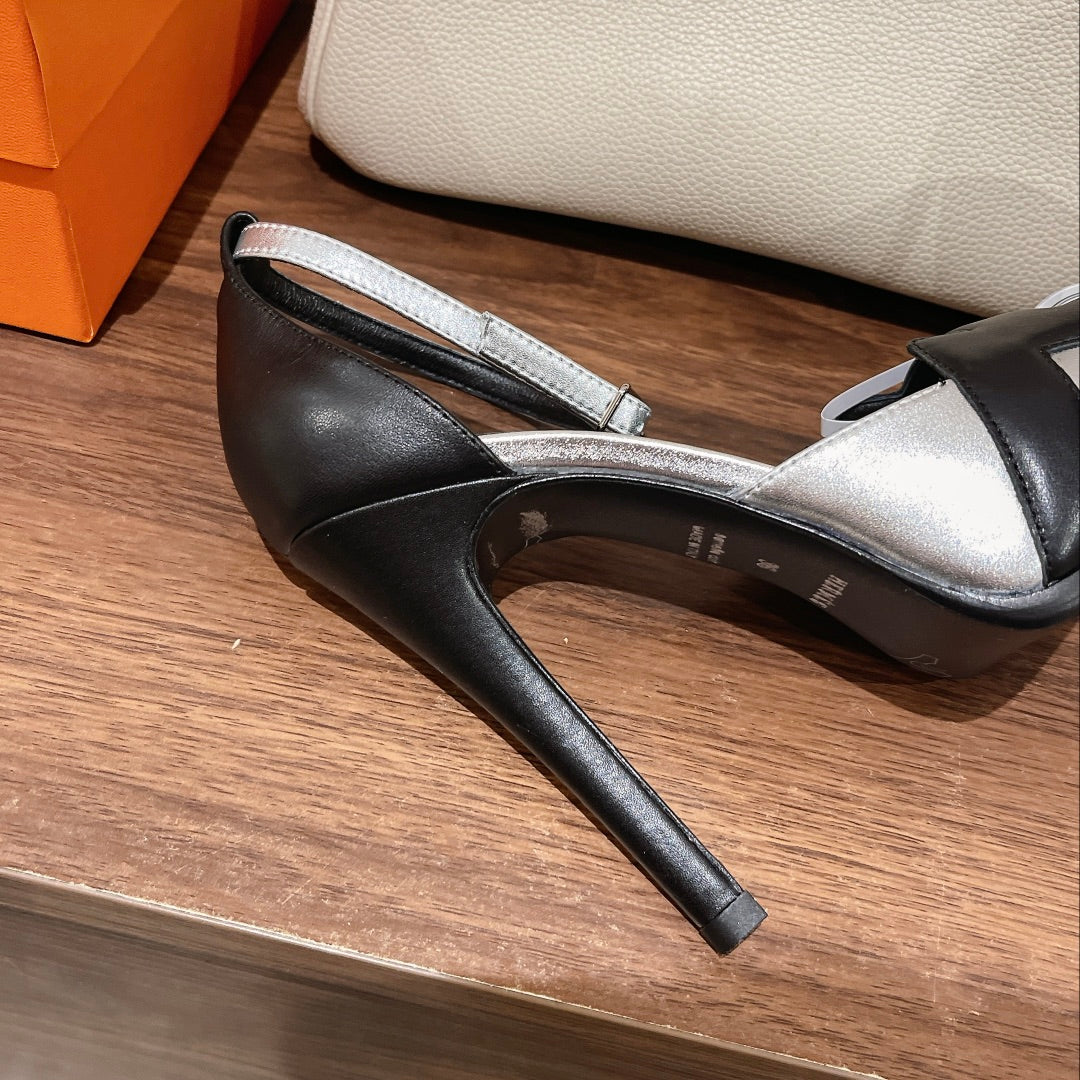 H - CLASSIC SANDAL 125 BLACK MIX BRIGHT SILVER LAMBSKIN - 35