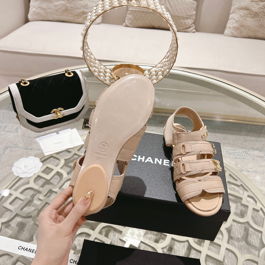 Double C Xiaoxiang Chain Fabric Head Chunky Sandal Cream Lambskin - 35
