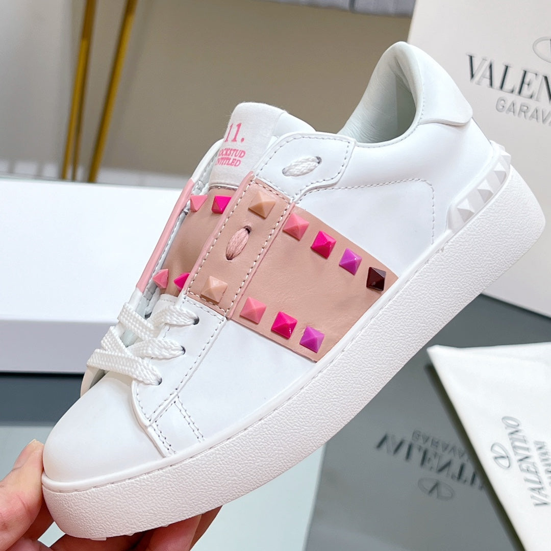 VALENTINO 25S GARAVANI ROCKSTUD UNTITLED STUDDED SNEAKERS IN WHITE MIX PINK LAMBSKIN STYLE 1 - 35