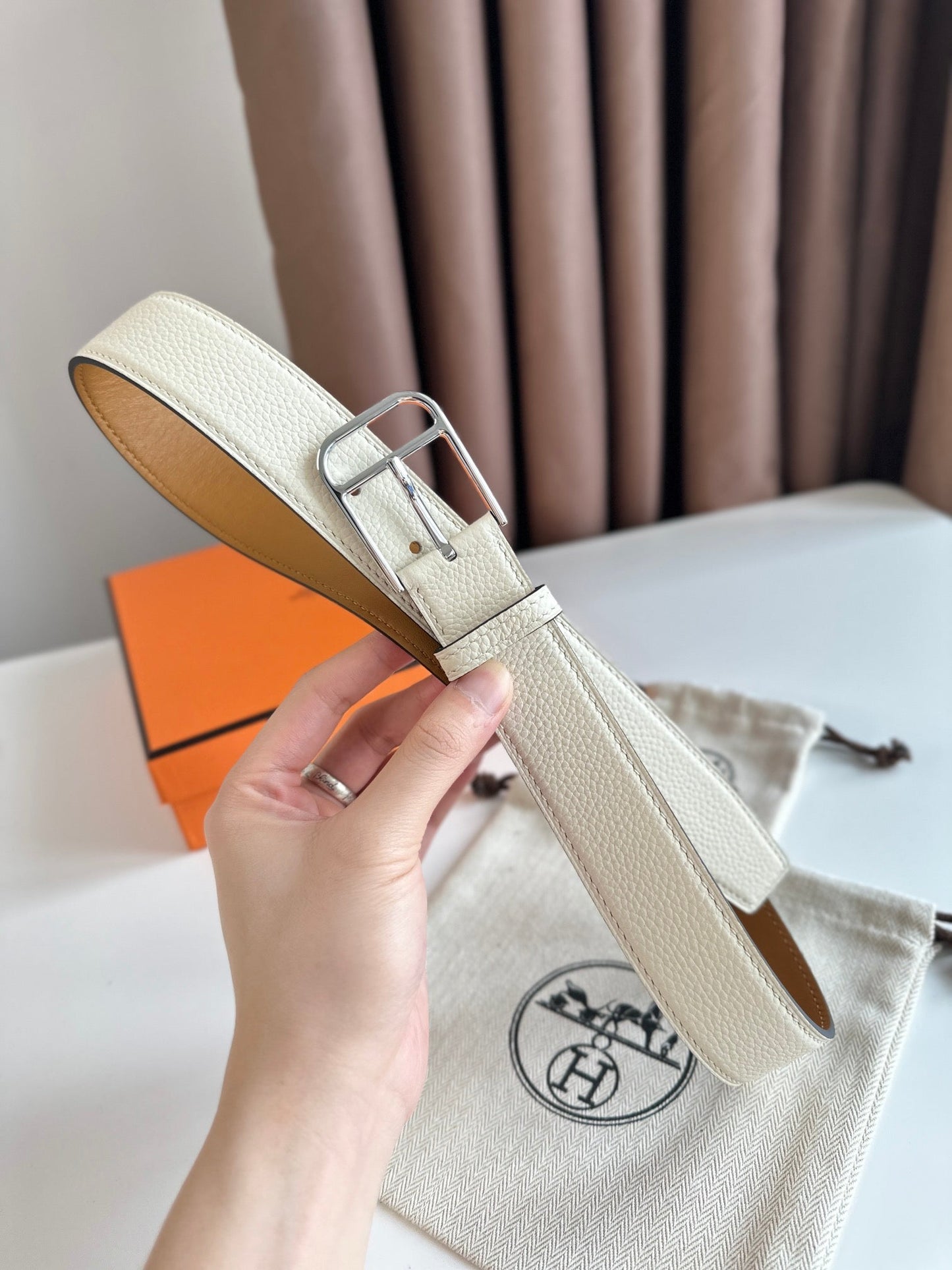 HM ROMAIN 35MM BELT WHITE CREAM LEATHER SILVER HARDWARE - 30