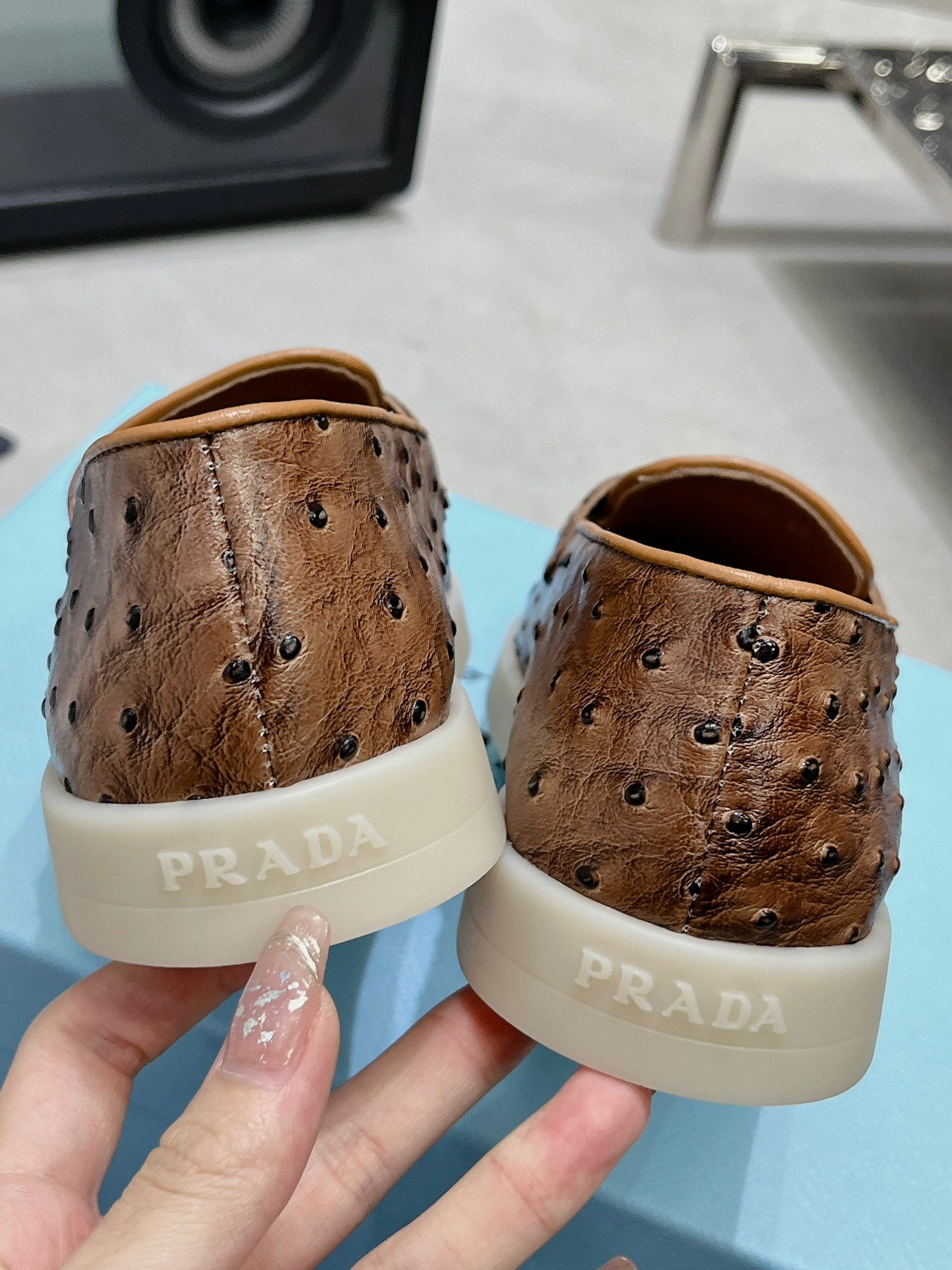 PRA OSTRICH PATTERN LOAFERS CARAMEL CALFSKIN - 35