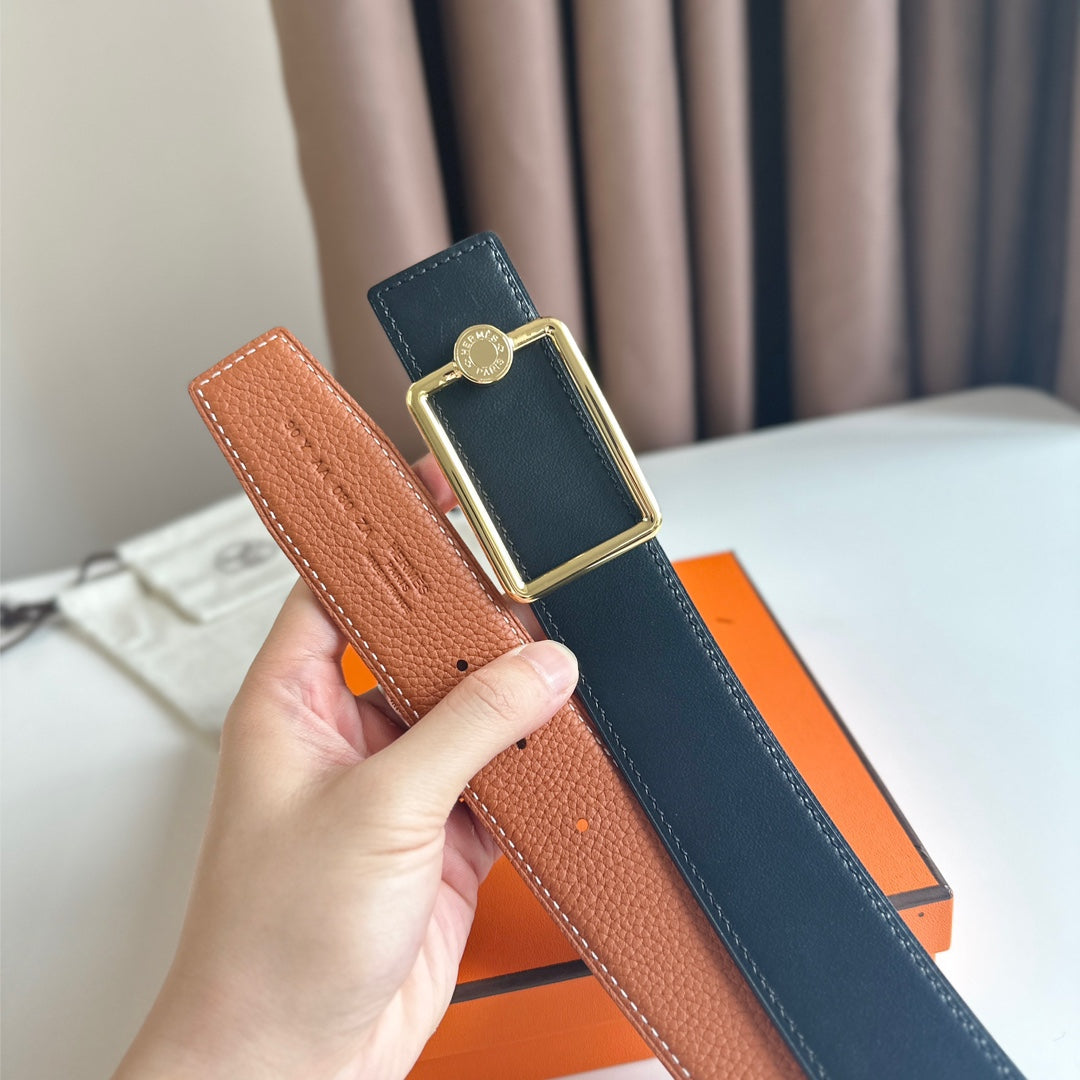 HM OSCAR BELT BUCKLE & REVERSIBLE YAM ORANGE AND BLACK LEATHER STRAP 38MM GOLD HARDWARE - 30