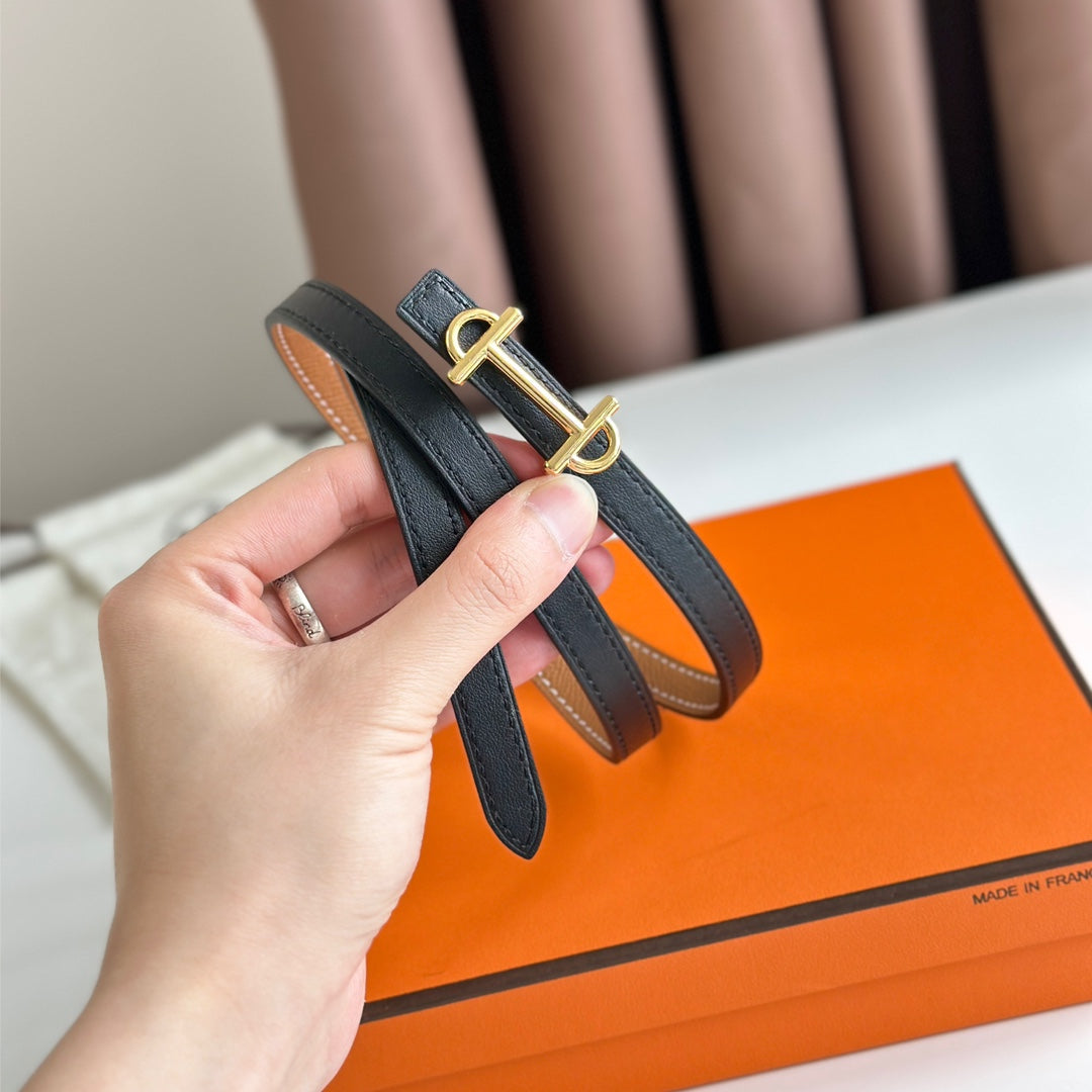 HM GAMMA BUCKLE & REVERSIBLE BRONZE BROWN AND BLACK LEATHER STRAP 13MM GOLD HARDWARE - 30