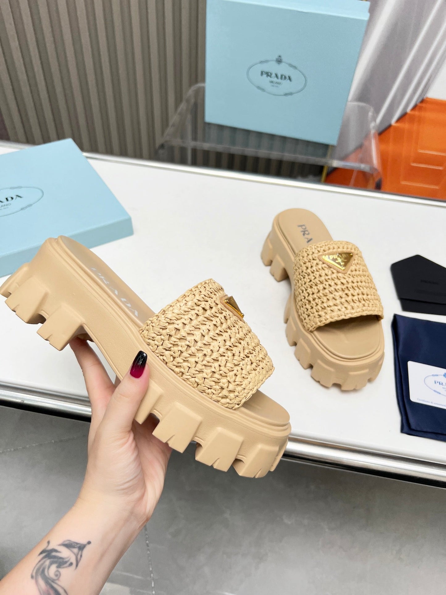 PRA THICK-SOLED CROCHET SANDALS BEIGE WOVEN FABRIC - 35