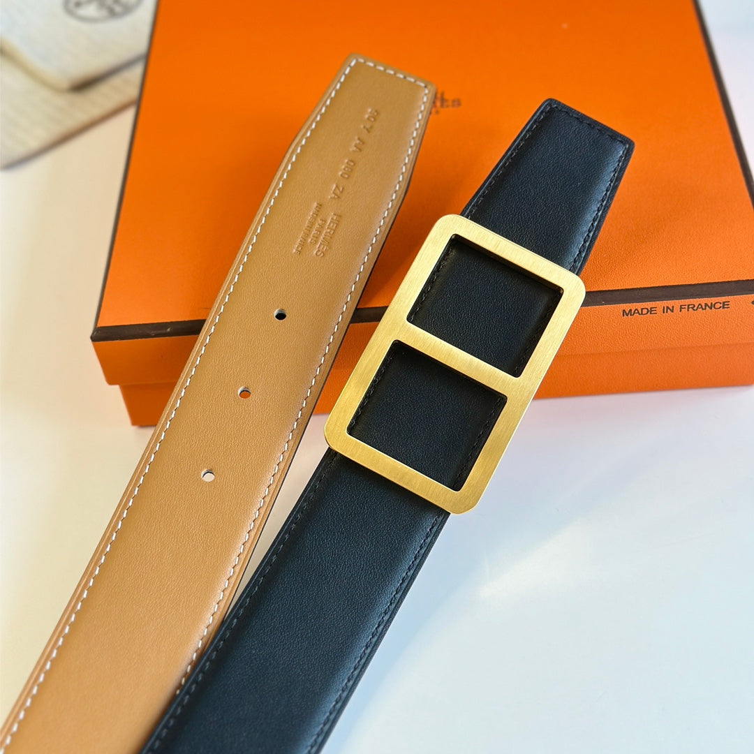 HM BELT BUCKLE & REVERSIBLE ORANGE PASTEL AND BLACK LEATHER STRAP 38MM GOLD HARDWARE - 30