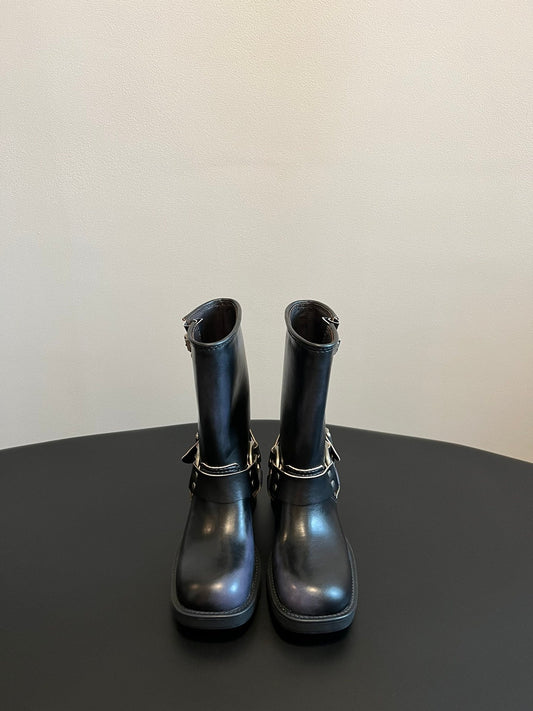MIUMIU 26S MID-CALF BOOTS IN BLACK CALFSKIN SILVER HARDWARE