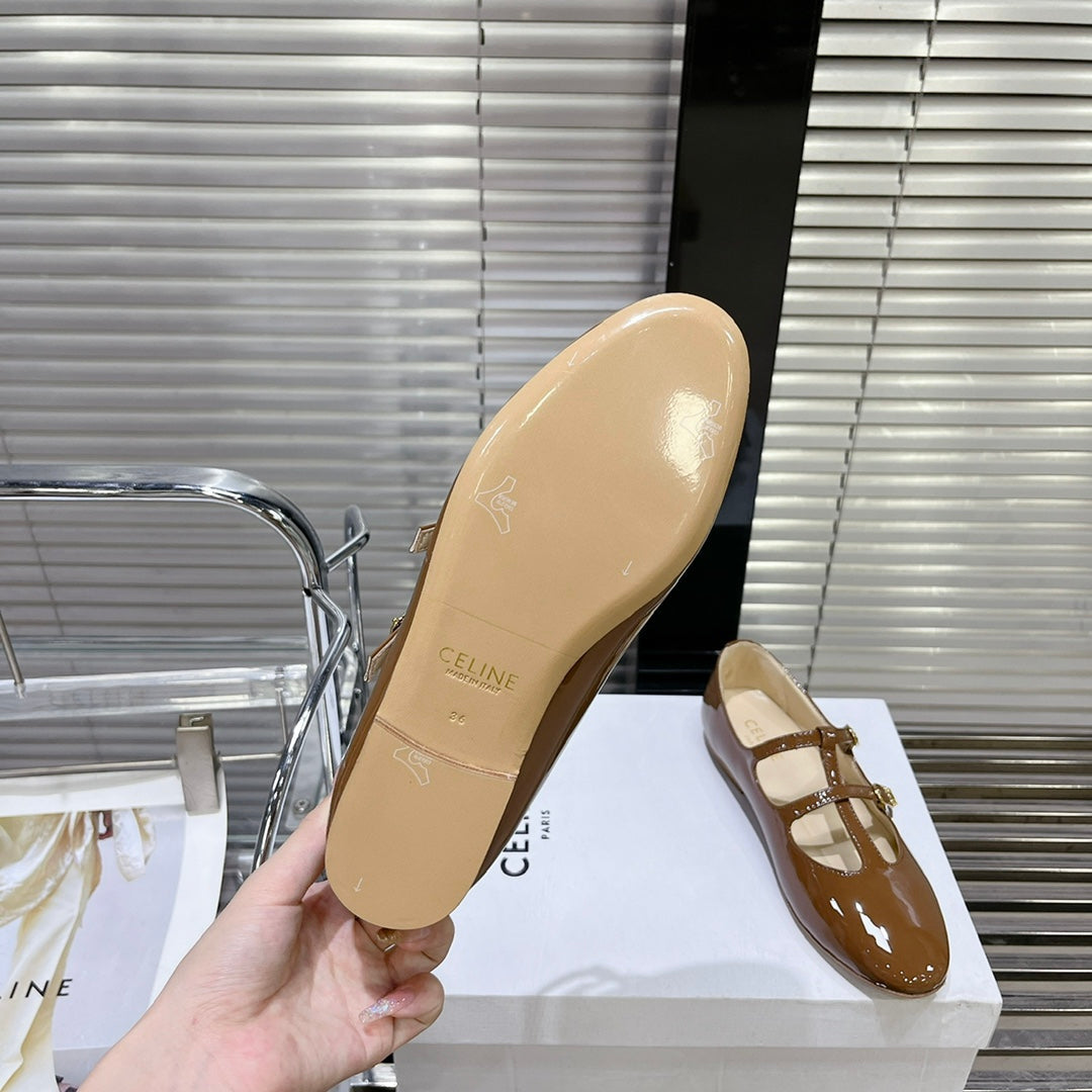FLAT SANDALS WITH DOUBLE STRAP-DESIGN LEATHER CARAMEL BROWN - 35