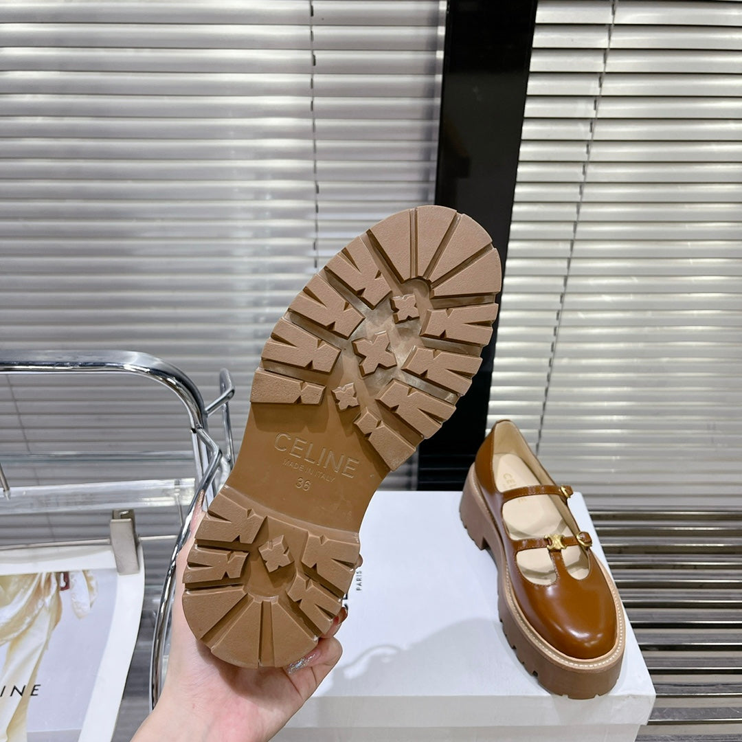 HIGH FLAT SANDALS WITH DOUBLE STRAP-DESIGN LEATHER CARAMEL BROWN - 35