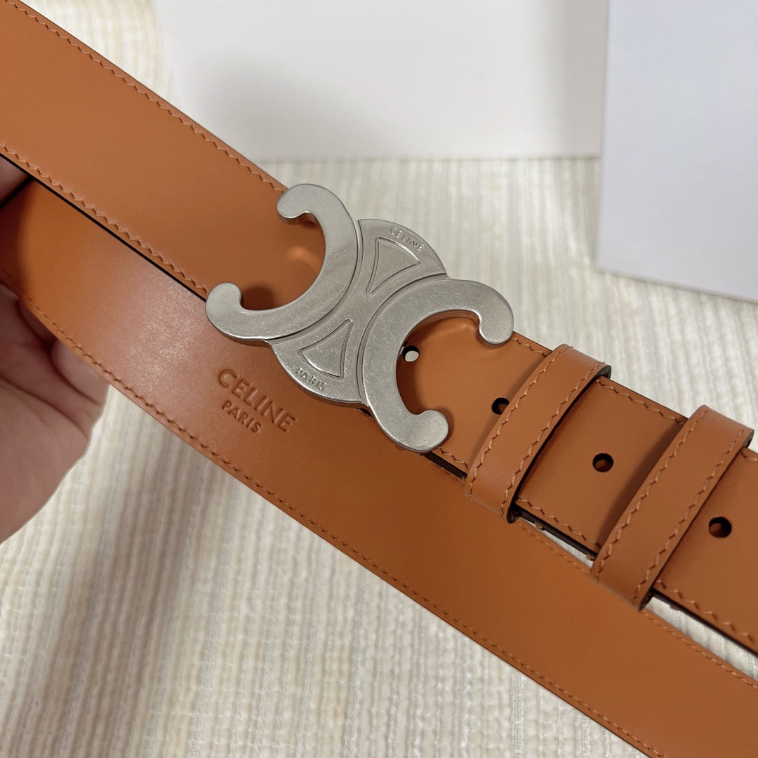 Medium Triomphe Belt 25mm Tan Calfskin Silver Finishing - 30