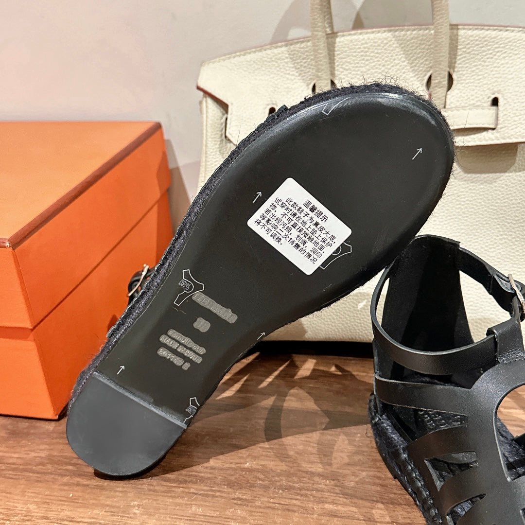 STRAW SOLE SANDAL BLACK LAMBSKIN - 35