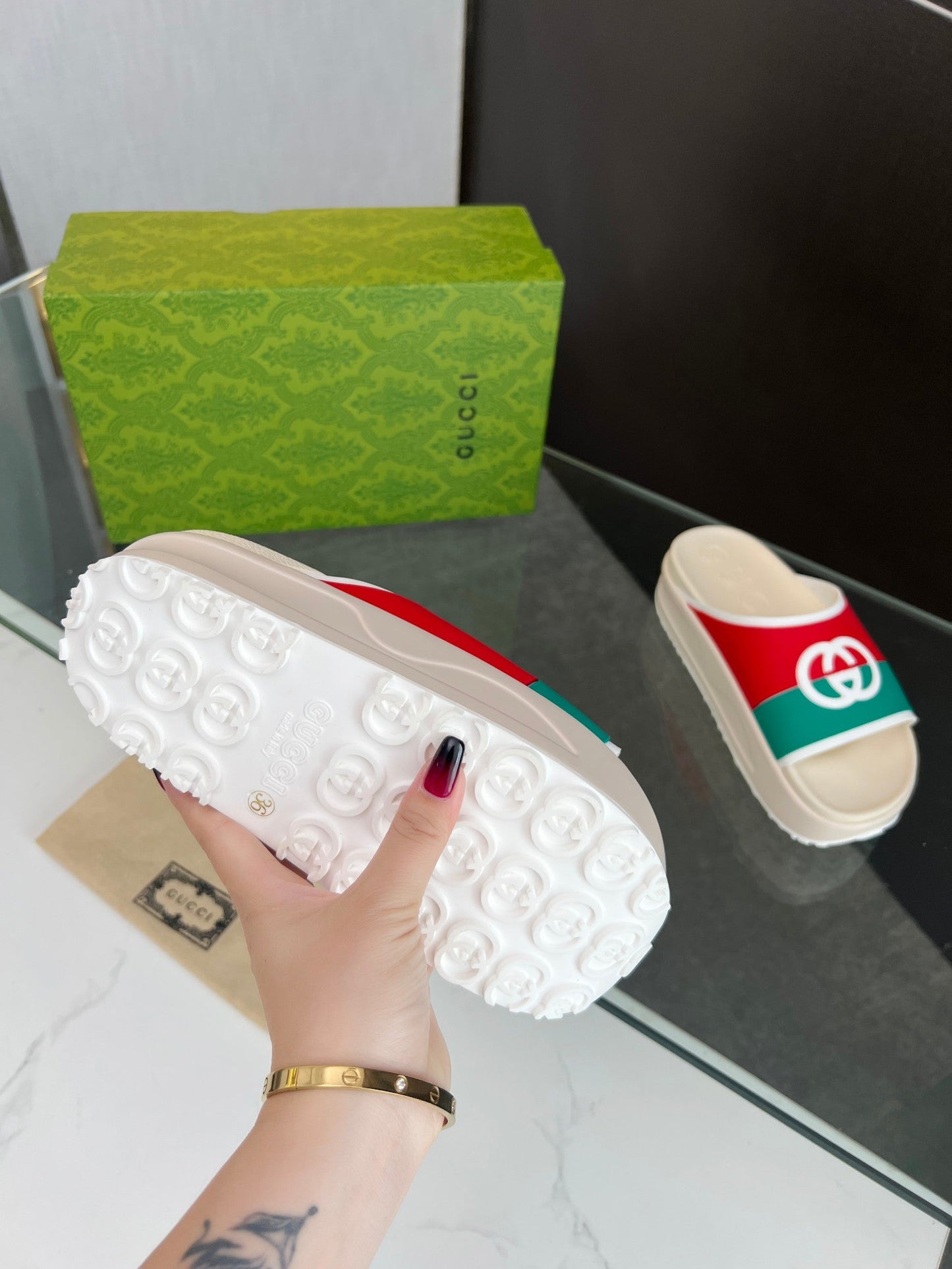 INTERLOCKING G SLIDE SANDAL IN WHITE MIX COLORFUL IMPORTED TPU - 35
