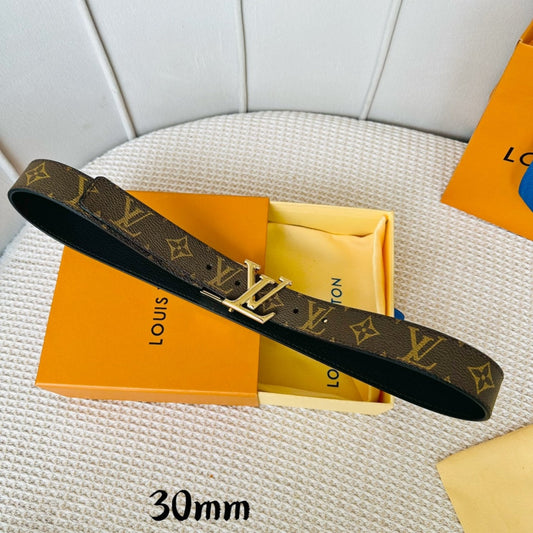 Ремінь LV Initiales 30 мм двосторонній Золота обертова пряжка Чорна коричнева шкіра - 30