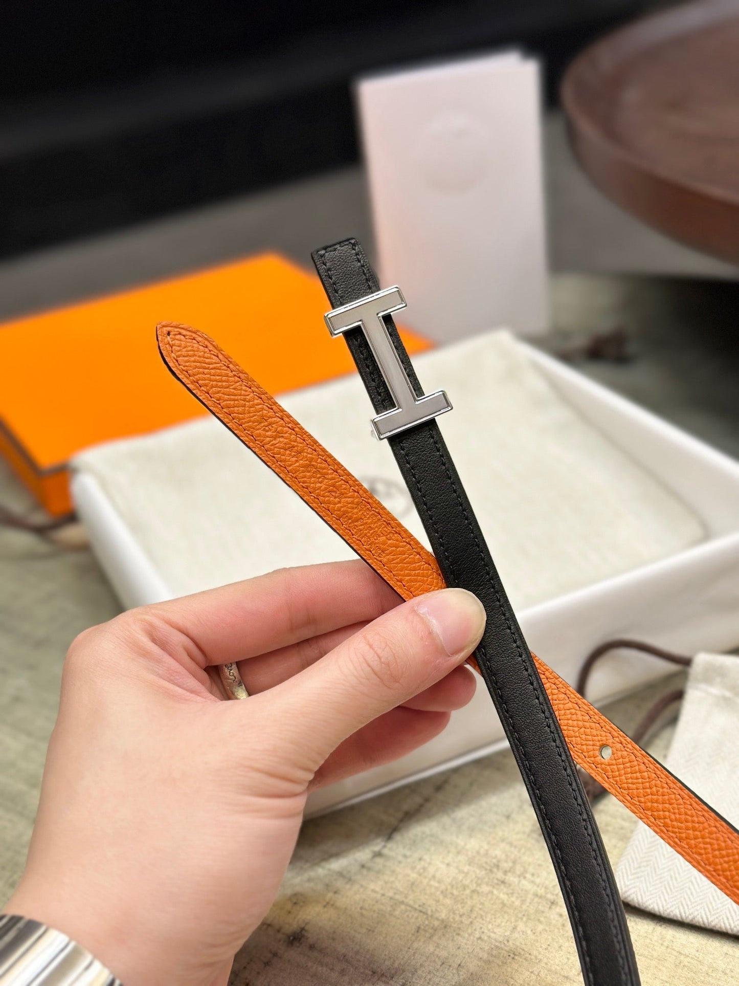 HM FOCUS BUCKLE & REVERSIBLE ORANGE AND BLACK LEATHER STRAP 13MM SILVER HARDWARE - 30