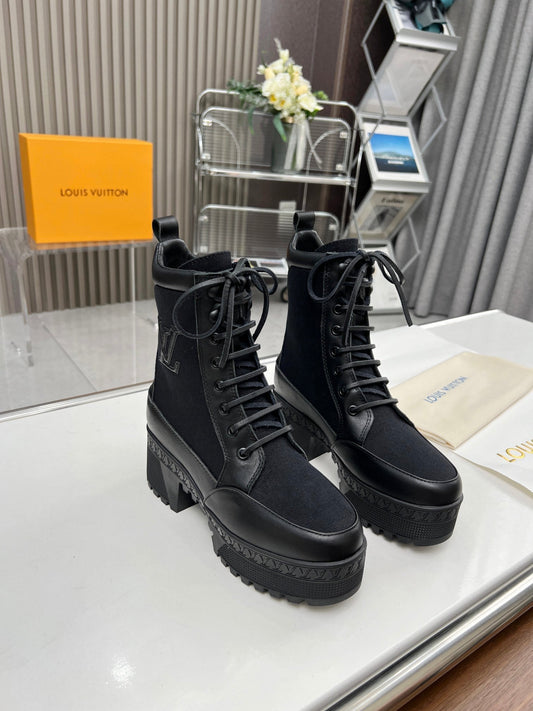 LAUREATE PLATFORM DESERT BOOT IN BLACK JACQUARD AND CALFSKIN - 35
