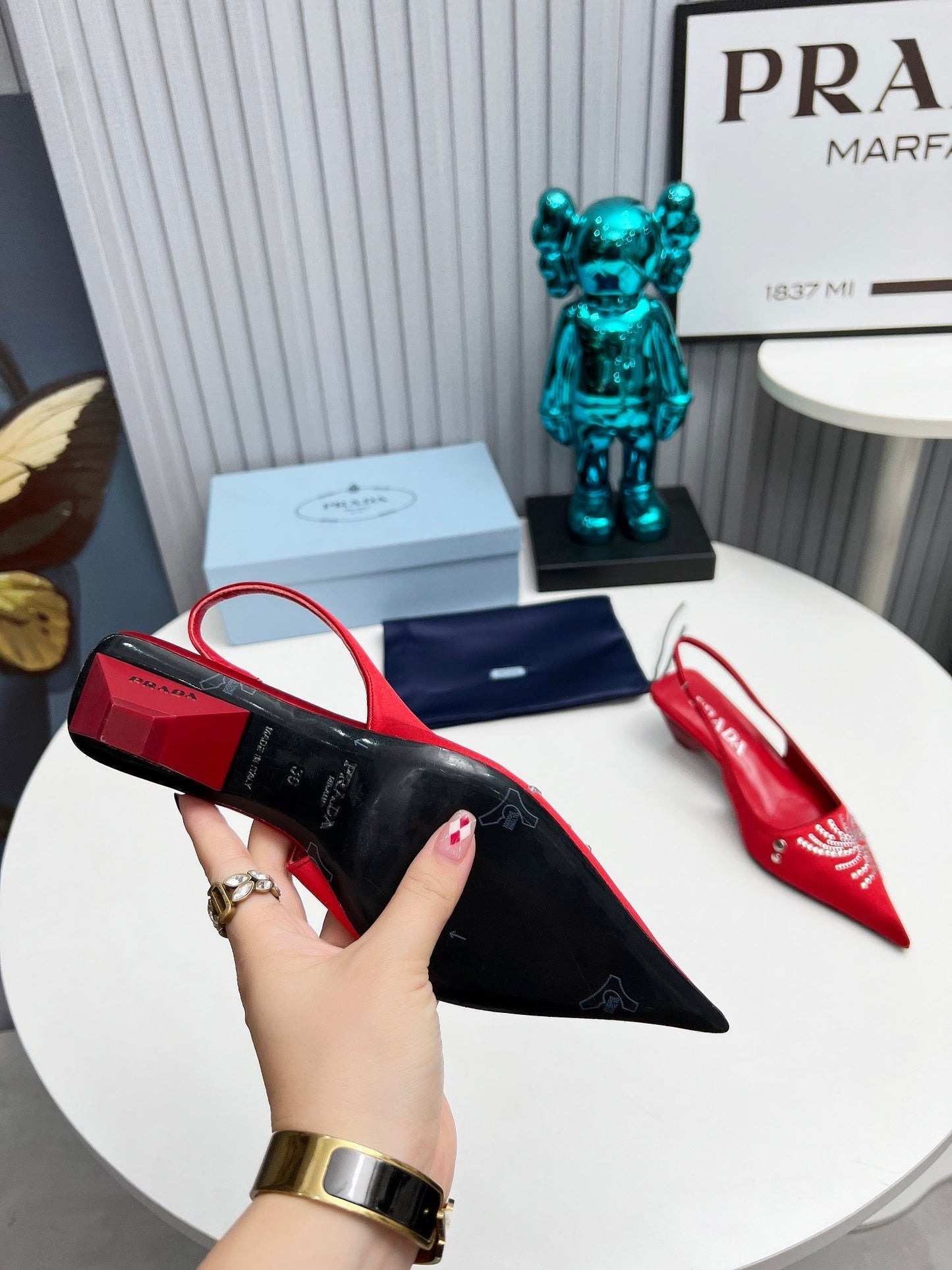PRADA 26S POINTED TOE SLINGBACK 40MM IN DARK RED SATIN CRYSTAL EMBELLISHED