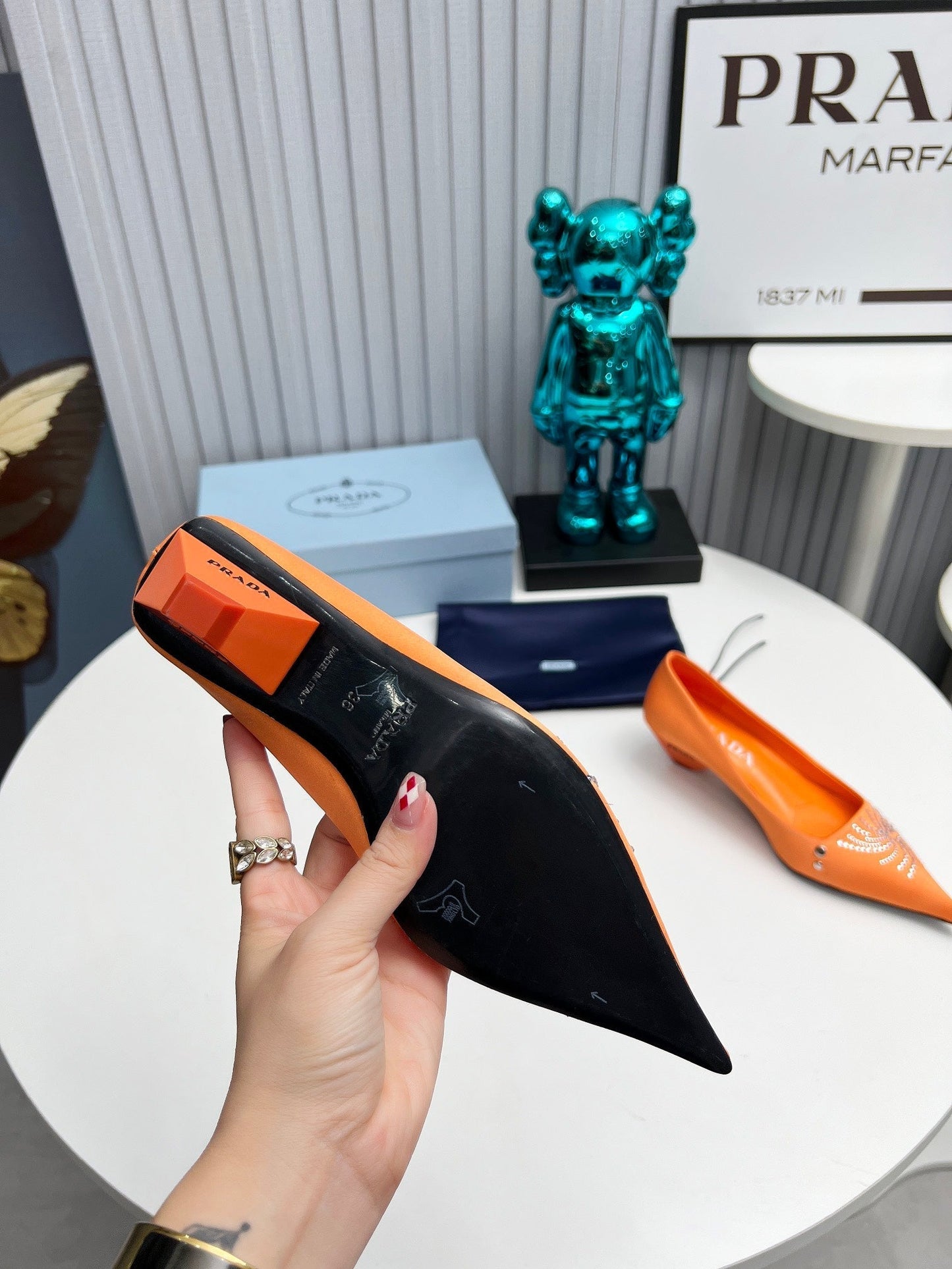 PRADA 26S POINTED TOE PUMPS 40MM IN ORANGE SATIN CRYSTAL EMBELLISHED