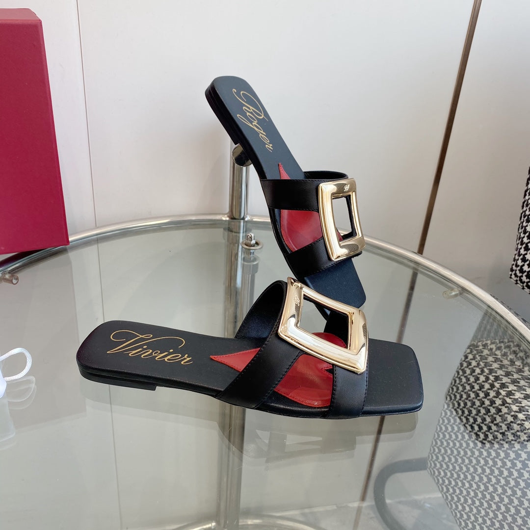 VIV' BY THE SEA LOVE METAL MULES IN BLACK CALFSKIN GOLD BUCKLE - 34