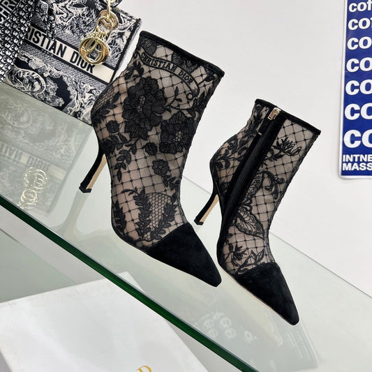DIOR 25S ЗАГОСТРЕНІ ЧЕРЕВИКИ НА КІСТОЧКУ 95 ММ З ЧОРНОЇ СІТКИ ТУЛЮ ТА ЗАМШІ - 34