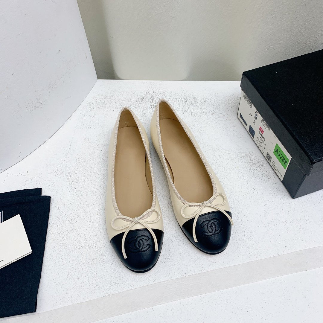 BALLET FLAT LIGHT BEIGE BLACK LAMBSKIN - 35