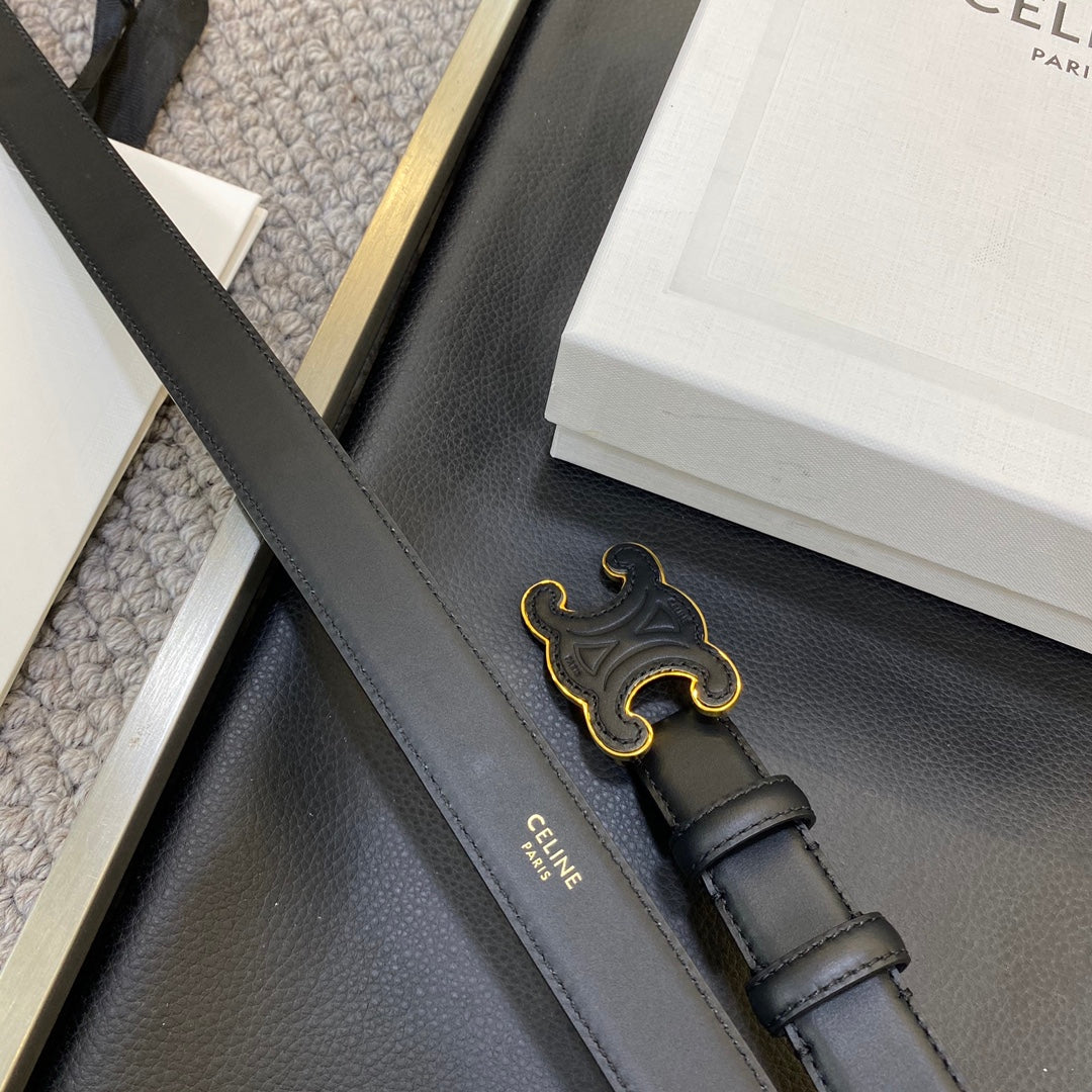 TRIOMPHE BELT 25MM IN BLACK CALFSKIN WITH LEATHER-COVERED BUCKLE - 30