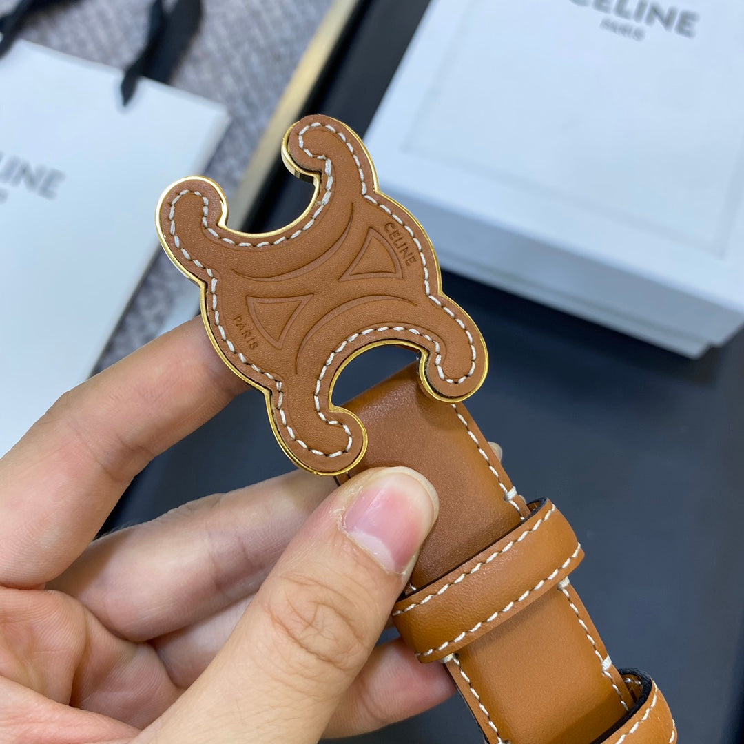 TRIOMPHE BELT 25MM IN BROWN CALFSKIN WITH LEATHER-COVERED BUCKLE AND WHITE STITCHING - 30
