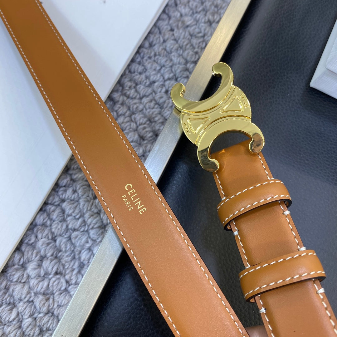 TRIOMPHE BELT 25MM IN BROWN CALFSKIN GOLD BUCKLE GOLD LOGO - 30