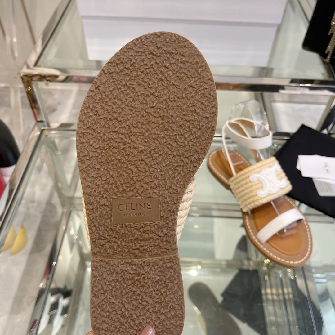 LYMPIAR FLAT STRAP SANDAL IN RAFFIA CALFSKIN WHITE BEIGE - 35
