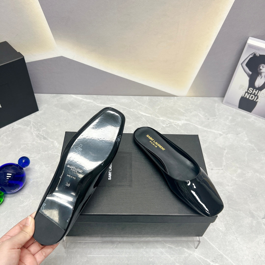 SL SQUARE TOE FLAT MULES BLACK POLISHED CALFSKIN - 35
