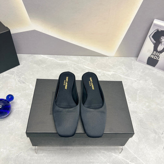 SL SQUARE TOE FLAT MULES BLACK SATIN - 35