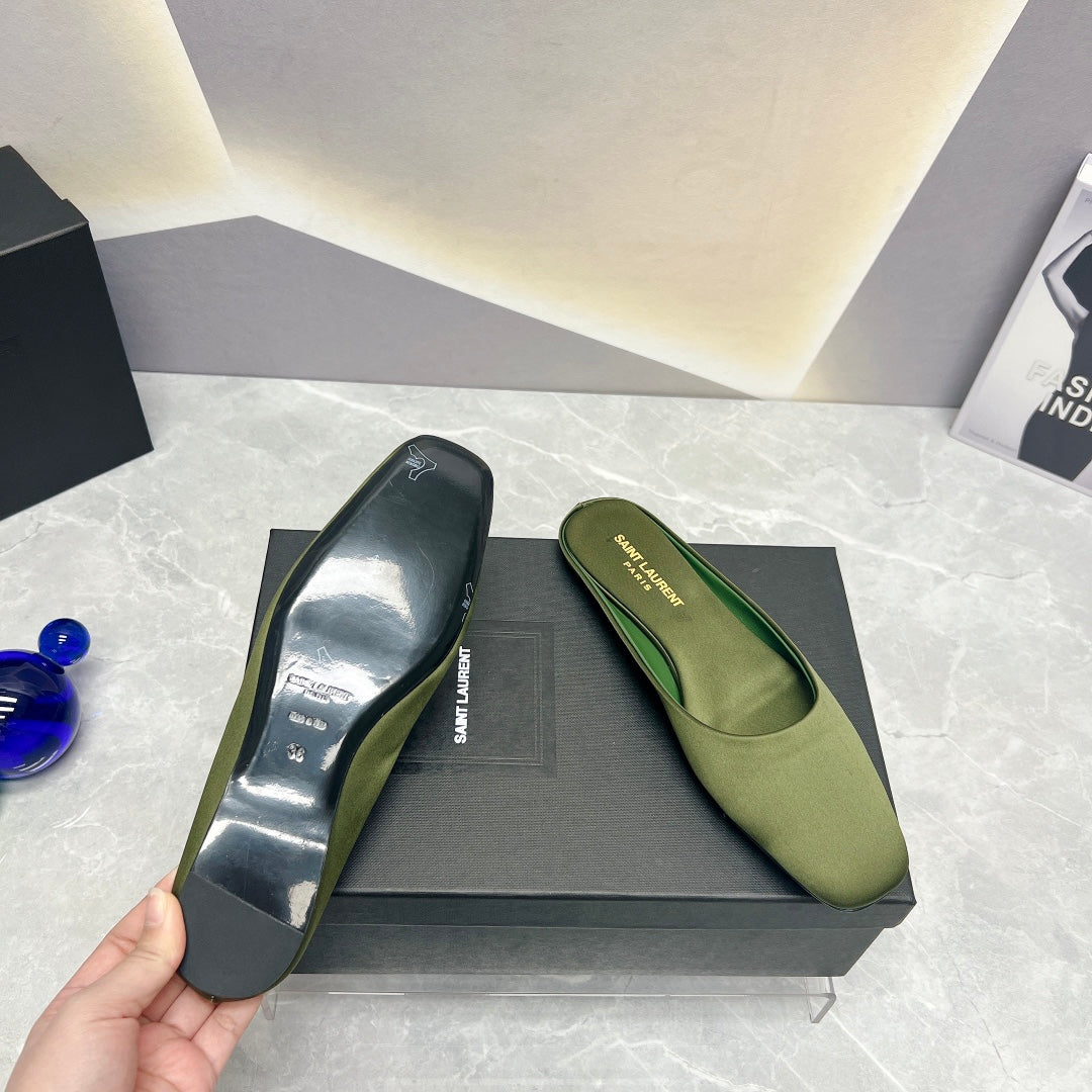 SL SQUARE TOE FLAT MULES MOSS SATIN - 35