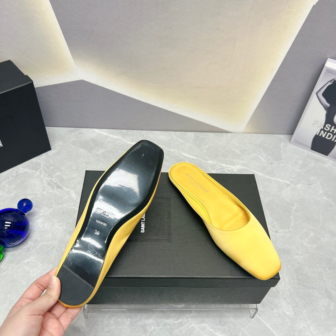 SL SQUARE TOE FLAT MULES LEMON SATIN - 35